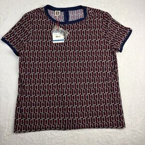 Ann Klein Womens Top Size XL Short Sleeve Navy Blue Red White